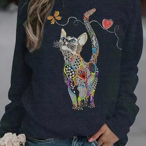 Cat and butterfly women’s long sleeve T-shirt multicolor cat print crew neck XXL